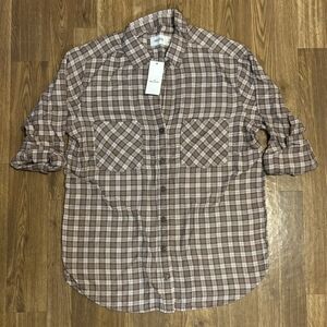 NEW! HOLLISTER Light Brown Plaid Button Flannel Long Sleeve Shirt XS